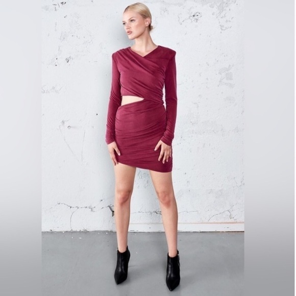 Bardot Rosa Ruched Cutout Long Sleeve Minidress In Burgundy Size Large NEW - Picture 4 of 11